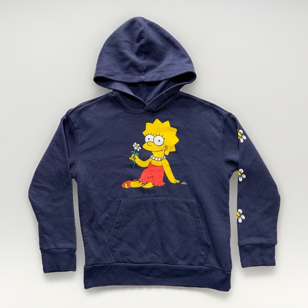 The Simpsons Lisa Simpson Youth L Hoodie Navy Blue Daisy Floral Sleeve Pullover